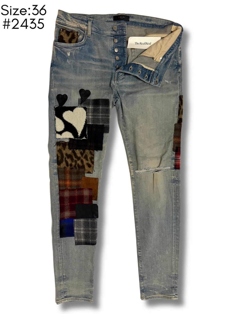 AMIRI Patchwork Skinny Jeans in Light Blue with Multicolor Fabric Accents